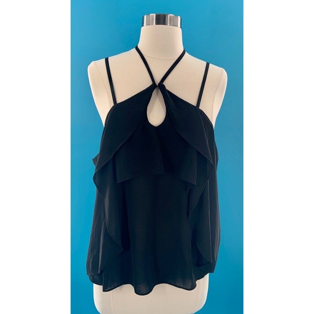 Blush Womens Blouse Black Halter Neck Tie Keyhole Ruffle Zip Spaghetti Strap S